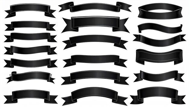 Elegant collection of sleek black ribbon banners and decorative frames, perfect for festive announcements, vintage design elements, and sophisticated event styling