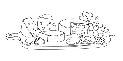 Continuous one line of cheese board with various kinds of cheese, grapes and crackers, elegant culinary style drawing vector illustration.
