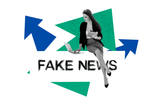 Composite trend artwork sketch image photo collage of speech cloud fake news misleading propaganda worker man uniform headless laptop