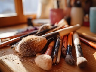 A collection of various used makeup brushes artfully scattered on a wooden surface bathed in warm natural light
