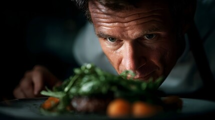 A focused professional chef meticulously inspects a gourmet dish during plating in a dimly lit kitchen