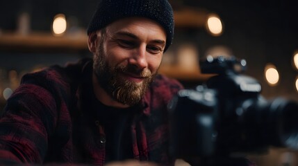 A smiling bearded man in a beanie and plaid shirt focuses on a in a cozy studio