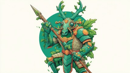 Fototapeta premium Fantasy Character in Armor with Antlers and Leafy Details