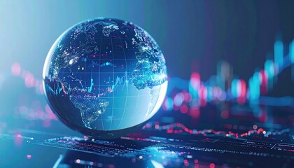 A digital globe with vibrant data visualizations, representing global connectivity and technology trends in a futuristic setting.