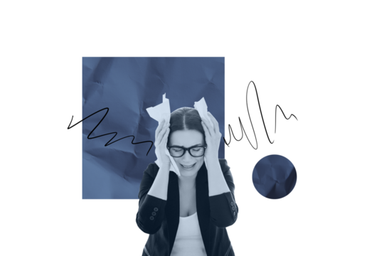 Composite photo collage of upset business girl hysterics crumpled paper sheet workload problem deadline isolated on painted background - Powered by Adobe