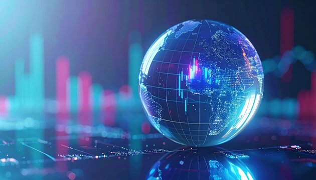 A futuristic globe representation with vibrant graphs, symbolizing global data and analytics in a digital context.
