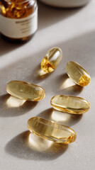 omega-3 fish oil capsules with golden transparency, magnesium powder in a small glass bowl with leafy greens, vitamin B12 capsules in a clean blister pack. Medical magazine aesthetic minimalist design