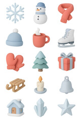 3D winter holiday icon pack—mittens, hat, bell, hot cocoa mug, gift box, pine tree, and skates—cozy styling and snow-season palette for cheerful celebrations.
