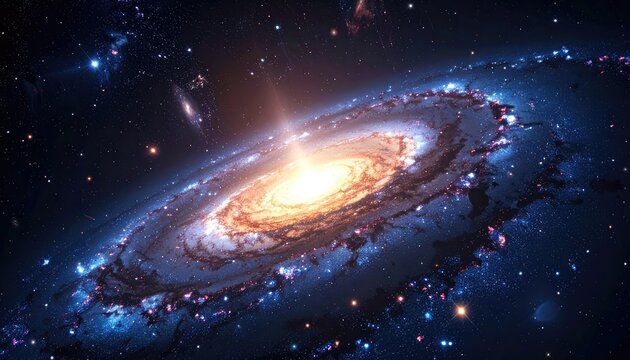A vast spiral galaxy with a brilliant, glowing core amidst deep, starry space - Powered by Adobe