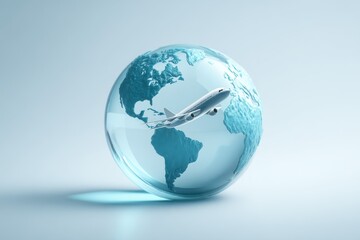 Airplane flying around a glass globe on a light blue background