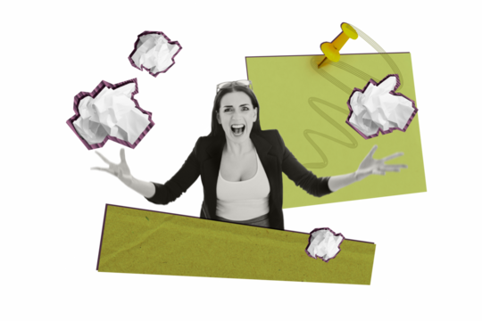 Composite photo collage of angry businesswoman scream work failure pile crumpled paper trouble project isolated on painted background