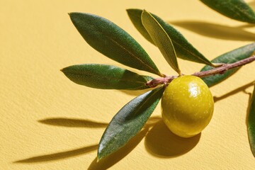 Olive Branch with Green Leaves and Fruit on Yellow Background