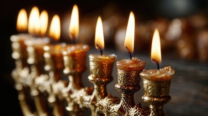 Decorative menorah with lit candles glowing warmly during festive celebration and cultural tradition