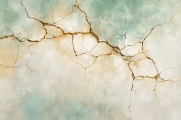 Obraz premium An aged, weathered wall with a network of deep cracks, displaying muted pastel hues of beige, cream, and muted teal.