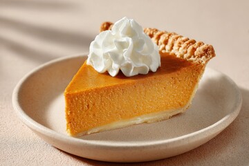 Slice of Pumpkin Pie with Whipped Cream on Plate