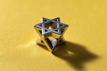 Silver Star of David Sculpture on Yellow Background, Symbol of Judaism