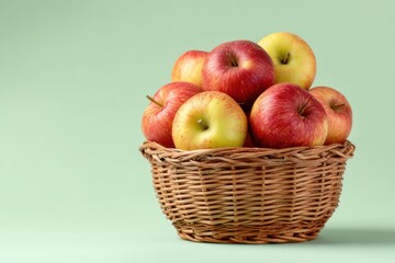 Basket full of fresh red apples, green background, studio shot
