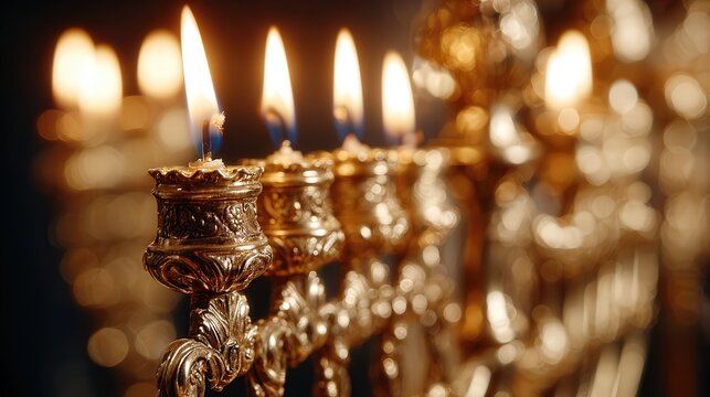 Golden menorah with flickering candles illuminating a warm, festive atmosphere during celebration