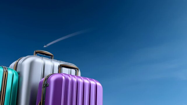 Colorful luggage stacked against bright blue sky