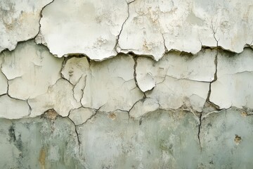 Obraz premium A weathered, light gray concrete wall displays a network of deep cracks and peeling paint.