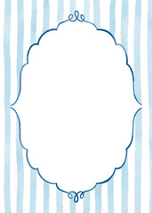 Blue vintage watercolor border with light blue stripes. Elegant watercolor frame for invitations and greeting cards. Blue watercolor boarder with transparent background.