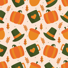 Thanksgiving themed seamless pattern featuring pumpkin, pilgrim hat, mug, and acorn ideal for wrapping paper, wallpaper, print, and textiles.