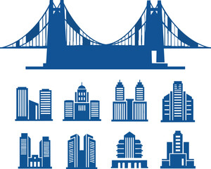 A collection of blue vector silhouettes featuring a suspension bridge and modern city building icons.