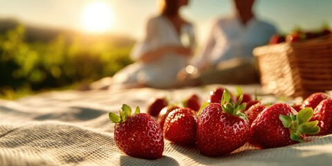 A romantic picnic scene featuring fresh strawberries and a couple enjoying the sunset in a vineyard.