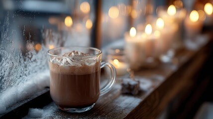 Warm cocoa in glass mug beside glowing candles on a snowy windowsill creating a cozy atmosphere