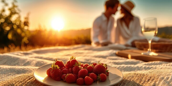 A romantic picnic scene at sunset featuring a plate of strawberries, a glass of wine, and a couple enjoying each other's company in a serene outdoor setting.