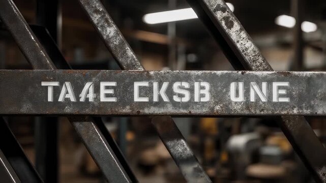 A detailed close-up shot of a weathered metal gate with white letters. The background is out of focus