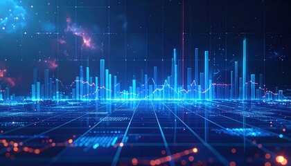 A vibrant, digital landscape depicting data visualization with blue and orange elements, showcasing graphs and grids against a cosmic background.