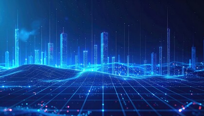 A futuristic cityscape with glowing skyscrapers and digital grids, illustrating advanced technology and urban design concepts.