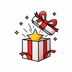 Vector illustration of open gift box with golden star and red ribbon, flat modern graphic on white background