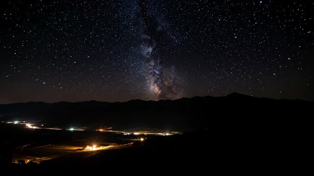 Backgrounds day to night sunset starry in mountains time lapse with milky way galaxy stars moving over countryside traffic scene 4 distortion, overlay, glitch, static noise, scan lines on black