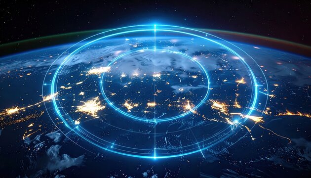 A digital depiction of Earth from space, highlighting illuminated regions with a futuristic overlay of circular patterns and light effects. - Powered by Adobe