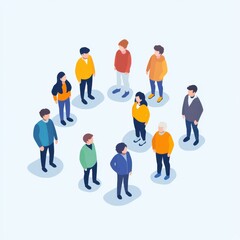 Isometric group of people standing in a loose circle, communicating and socializing.