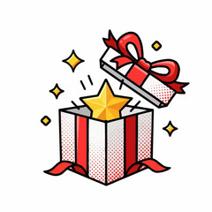 Vector illustration of open gift box with golden star and red ribbon, flat modern graphic on white background