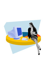 Vertical collage poster young businesswoman sitting computer monitor screen keyboard typing secretary manager employee agent