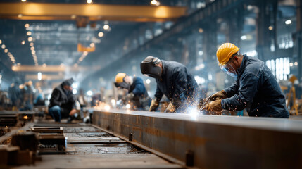 Men with protective goggles welding in factory. Industrial workers wearing protective gear welding metal frame in workshop. Creating sparks and smoke in dimly lit industrial setting.