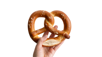 hand holding pretzel with salt toppings. Isolated on transparent background, png