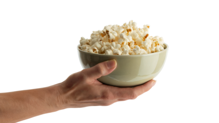 hand holding bowl of delicious popcorn. Isolated on transparent background, png