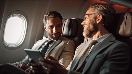 Two businessmen converse and enjoy their flight while using a tablet on an airplane. - Powered by Adobe