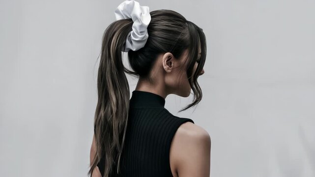 Woman with long brown hair in a ponytail with a white scrunchie