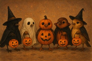 Halloween Bird Parade – Whimsical Costumed Birds with Mini Pumpkin Lanterns