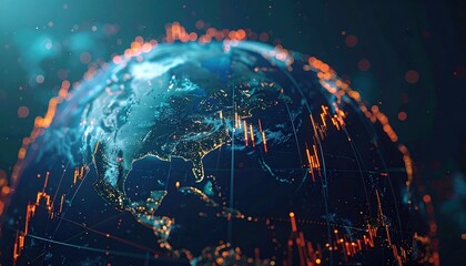 A vibrant digital representation of Earth showcasing continents, city lights, and data points, highlighting global connectivity and technological influence.