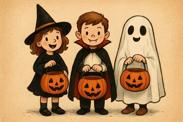 Halloween Trio – Charming Children in Costumes Ready for Trick-or-Treating Fun