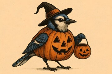 Blue Jay in Pumpkin Costume & Witch Hat – Adorable Halloween Bird with Treat Bucket