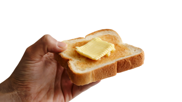 hand holding a slice of toast with butter. Isolated on transparent background, png