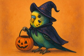 Whimsical Halloween Budgie in Witch Costume – Charming Bird with Pumpkin Basket